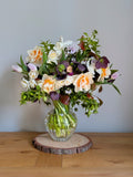 Bouquet of Scottish cut flowers in a clear glass vase